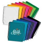 A selection of drawstring backpacks in various colours, featuring one with a logo on a teal background.