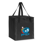 A black cooler bag with a colourful logo featuring a bird and the word "peace". It has two sturdy handles.