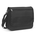A black messenger bag with a front flap, zipper pocket, adjustable strap, and branding logo.