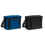Two cooler bags, one in blue with black accents and one entirely in black, both featuring a zippered top and handles.