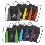 A collection of Ranger Drawstring Backpacks in various colours, each featuring a logo.