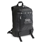 A black backpack with a textured design and a logo, featuring a zippered front pocket and padded straps.