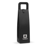 A drink bottle carrier in black leather with a handle and a logo prominently displayed on the front.