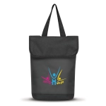 A black cooler bag with a fold-over top, featuring a logo with colourful human figures.