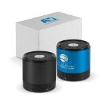 A Bluetooth speaker set in black and blue, with a box in the background, features a logo on one speaker.