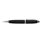 A black metal pen with silver accents, featuring a stylus tip and a branding logo.