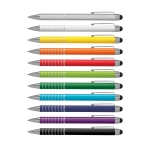 A collection of stylus pens in silver, white, orange, yellow, green, blue, purple, and black, each with a touch tip.