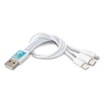 A charging cable in white featuring a USB connector and three different connector types. It has a logo on the connector.