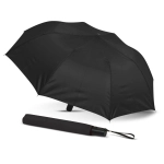 A black compact umbrella displayed open and closed, featuring a handle with a wrist strap and a logo.