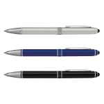 A set of three stylus pens in silver, blue, and black, each featuring a metallic finish and a clip.