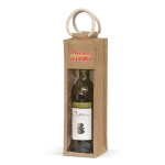 A drink bottle is displayed in a jute wine carrier with a clear window and rope handles. The carrier features branding.