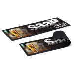A large black counter mat featuring images of drinks and a logo, designed for office and business use.