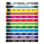 A range of full colour luggage straps featuring various bright colours and designs, each with a distinct logo.