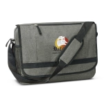 A grey satchel bag with a shoulder strap, featuring a logo on the front.