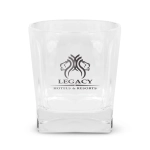 A glass tumbler in clear glass featuring a logo, designed for beverages.