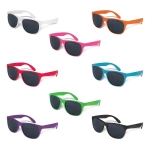 A variety of sunglasses in white, pink, green, blue, orange, purple, and black with dark lenses, featuring a logo.
