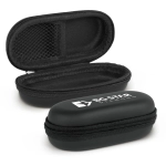 A black mini carry case with a zip closure and an interior mesh pocket, featuring a logo on the exterior.