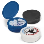 Three containers in blue, black, and white hold earbuds and cords, featuring a logo on the white container.