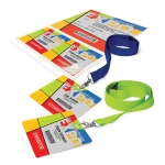 Two colourful name badges with lanyards, featuring a mix of red, yellow, and green, alongside a promotional sheet.