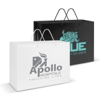 Two large laminated carry bags, one white with a grey logo and one black with a turquoise logo, featuring handles.