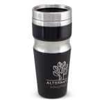 A drink bottle with a black and silver design, featuring a logo and a tapered shape.