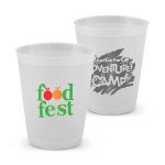 A set of two clear plastic cups with vibrant printed designs, including a logo and text in green and grey.