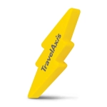 A yellow stress shape in the form of a lightning bolt, featuring the text "TravelAxis" printed on it.