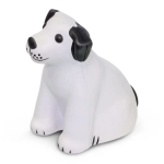 A stress-relief dog figurine in a seated position, designed in black and white colors.