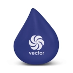 A blue stress relief drop-shaped toy with a swirl logo and the word "vector" printed on it.