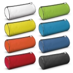A range of cylindrical pencil cases in white, green, yellow, orange, red, blue, turquoise, and black, featuring a zipper and logo.