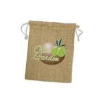 A medium jute gift bag in beige, featuring a logo with green olives and the text "Olive Garden".