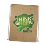 A jute drawstring backpack featuring the slogan "THINK GREEN" and a globe graphic, promoting environmental protection.