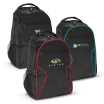 Three black backpacks with different accent colours: red, teal, and a multicoloured logo; featuring side mesh pockets.