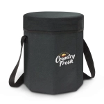 A black Igloo Cooler Seat with a round top, featuring a logo and sturdy straps for easy carrying.