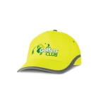 A vibrant yellow cap featuring a logo that reads "The Golfers Club," with a contrasting gray visor and trim.