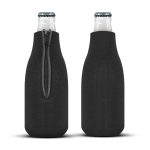 A drink bottle cooler featuring a sleek black design with a zipper for easy access.