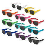 A selection of Malibu Premium Sunglasses in white, yellow, green, pink, red, blue, and purple, featuring dark lenses.