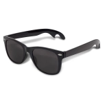 A drink bottle opener integrated into stylish black sunglasses, designed for leisure and outdoor activities.
