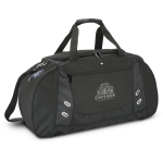 A dark green weekend bag with dual handles, a front pocket, and a logo on the side. Features a sporty design.