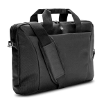 A black laptop bag with handles and a shoulder strap, featuring a logo on the front.