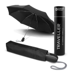 A black automatic umbrella positioned next to its cylindrical storage case. Both feature branding.