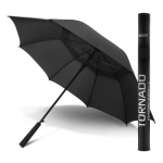 A black Swiss Peak Tornado 58cm umbrella and its matching storage tube, featuring a simple design.