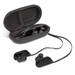 A pair of black Bluetooth earbuds inside a zipped case, featuring a mesh pocket for small accessories.
