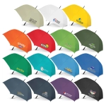 A collection of 15 umbrellas in various colours, each featuring different logos and branding on the canopies.