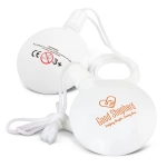 A white round bubble kit with a string, featuring a logo on one side.