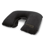 A comfortable black neck pillow with a U-shape design and a branding logo. Soft fabric surface visible.