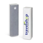 A phone screen cleaner with a gray cleaning surface and a white casing featuring a logo for a travel agency.