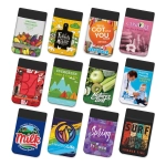A collection of full-colour Lycra phone wallets featuring various designs and vibrant colours, each with a logo.