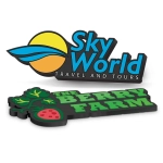 Two PVC fridge magnets in various colours, featuring a sun and a logo, one for "Sky World" and another for "The Berry Farm."