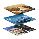 Three colourful mouse mats featuring various images and branding, showcasing different designs suitable for office use.